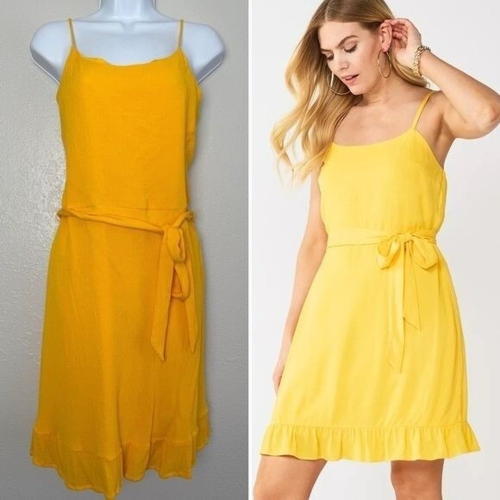Nine West Crosshatch Flutter Hem Tie Waist Dress yellow mustard XL
